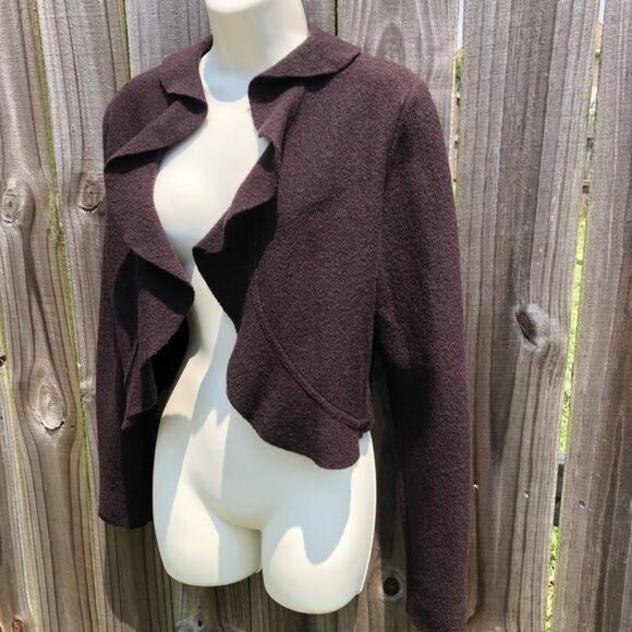 Eva Tralala Paris Wool Cardigan 2 Coat Jacket Ruffle Brown Long Sleeve Top Crop - Picture 3 of 8